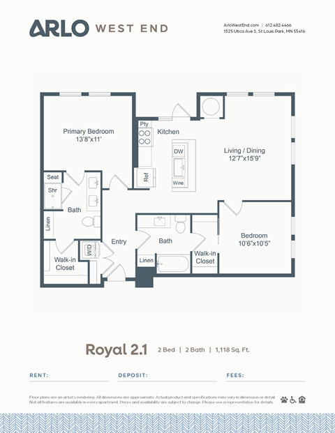 Floor plan for 2 beds, 2 baths, 1118 sqft